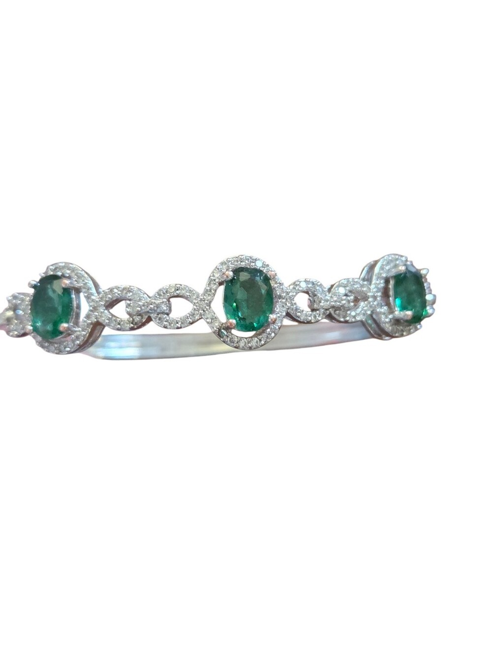 Lab created three stone emerald bangle bracelet with white sapphires, 8".